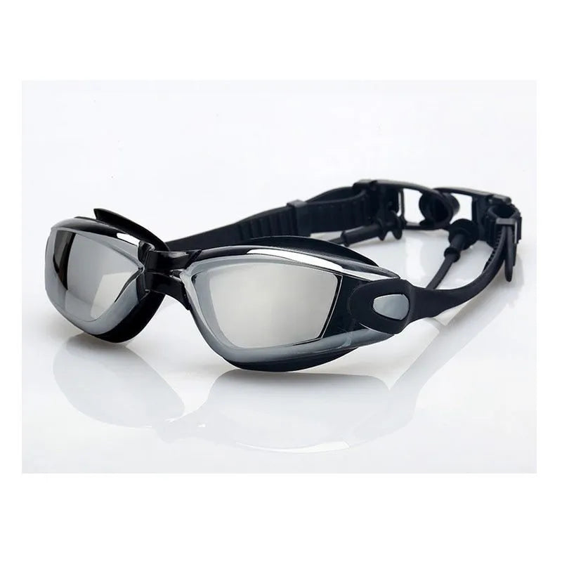 HD plating silicone anti-fog swimming goggles for adults, black, with polycarbonate lens and UV protection