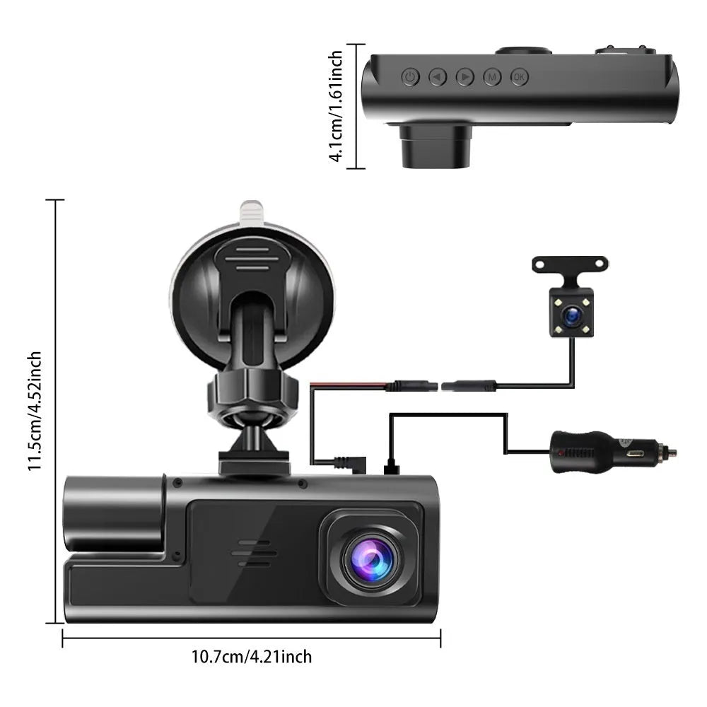 WiFi driving recorder with 2-inch screen on car windscreen showing rear camera view.