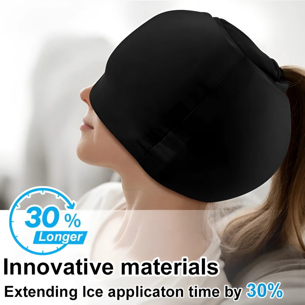 Solid colour fully enclosed cold compress cap in black, dark blue, or pink