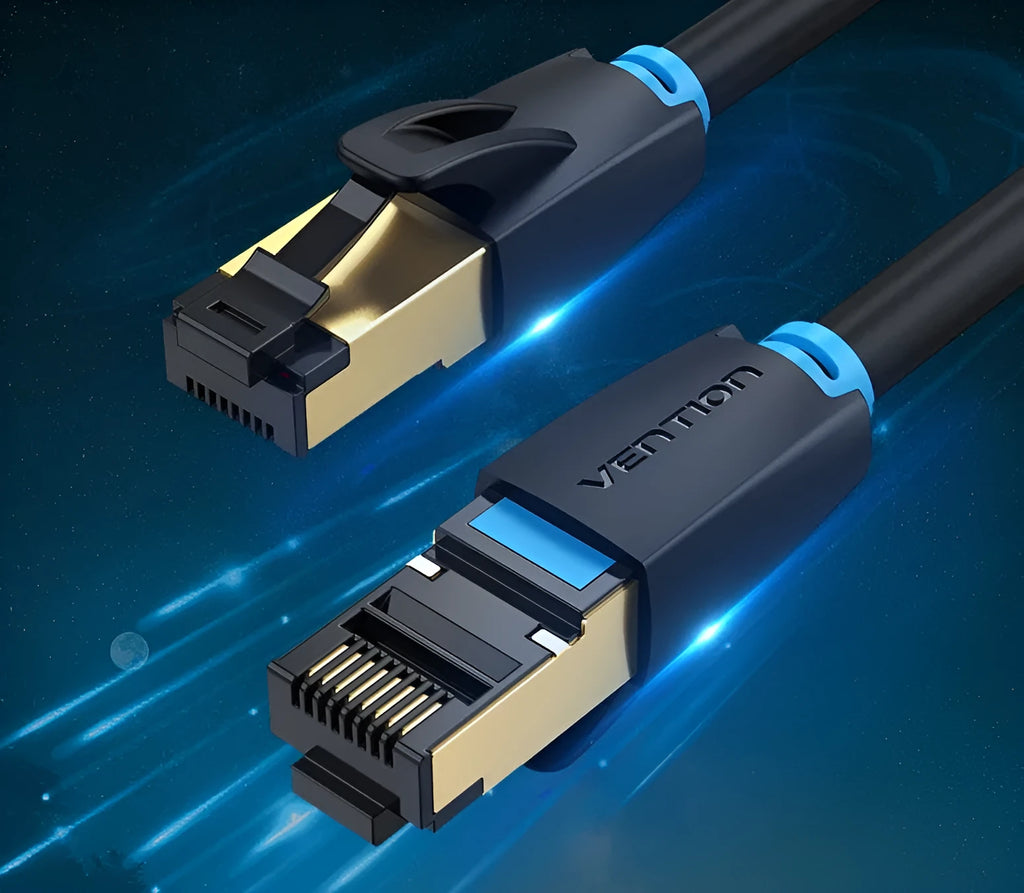 CAT8 shielded Ethernet network cable with RJ45 connectors, available in flat and round styles in various lengths.