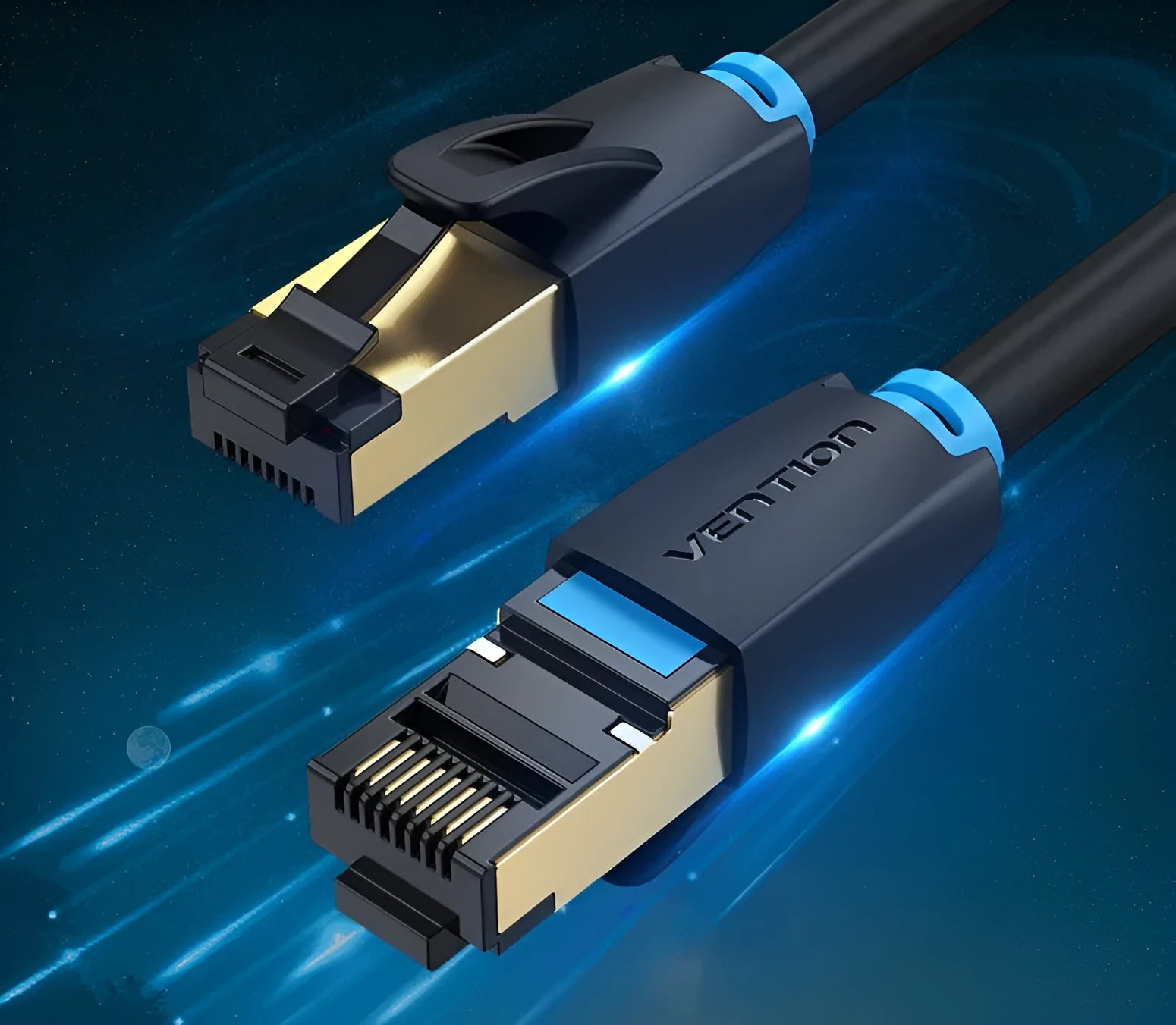 CAT8 shielded Ethernet network cable with RJ45 connectors, available in flat and round styles in various lengths.