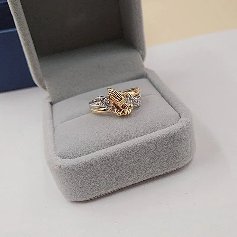 14K gold electroplated prayer hands ring for women, geometric design, alloy with artificial gem inlay, 4 grams, gold finish
