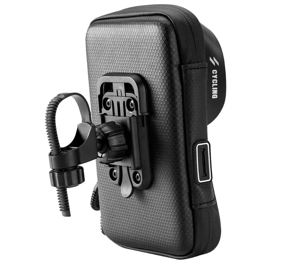 Black nylon cycle mobile phone bracket bag with 6.0 inch screen window, water resistant, anti-glare visor, and tool-free adjustable base