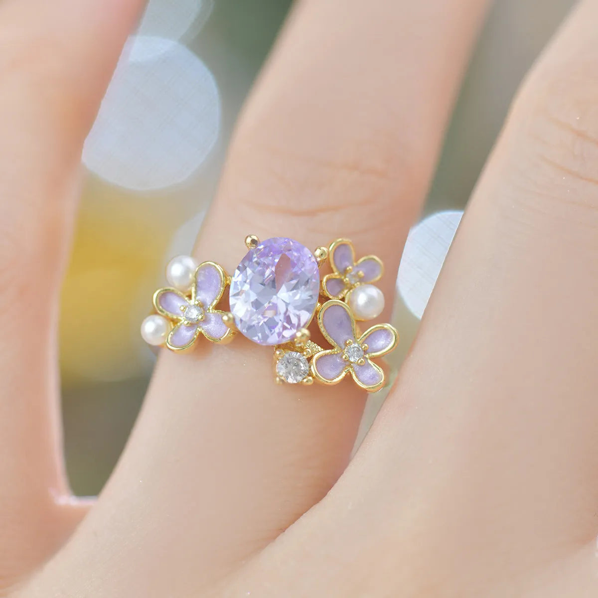 Women's flower pearl open ring with zircon stones in light purple colour