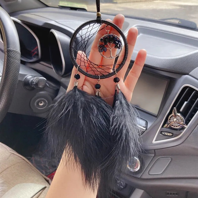 Dream catcher feather car pendant decorative hanging ornament in black with glass beads and iron fist charm