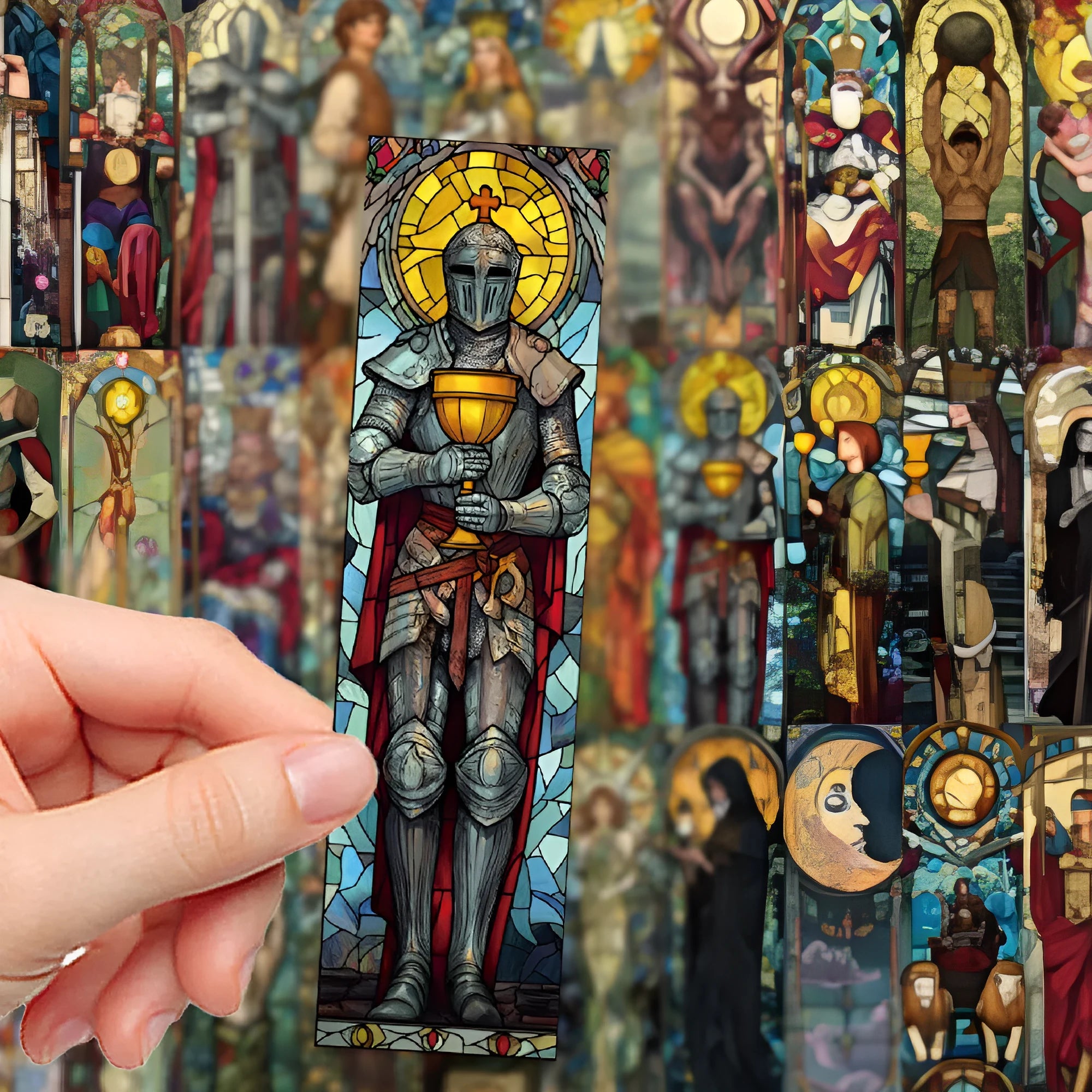 30 paper tarot bookmarks with painted glass designs in homemade style