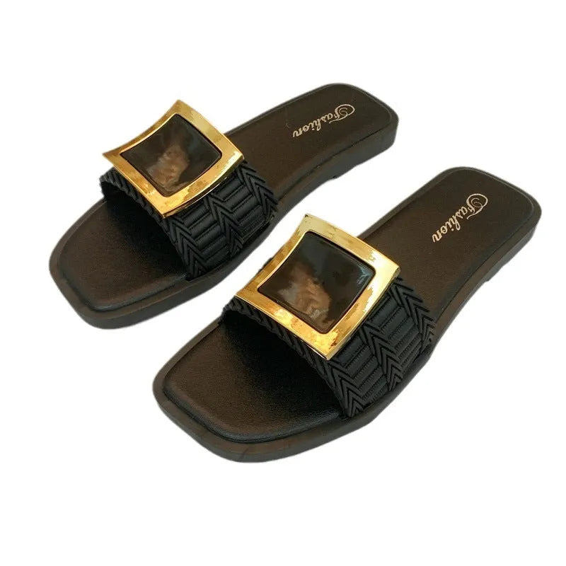 Women's flat casual slippers in apricot colour with a textured waterproof PVC sole.