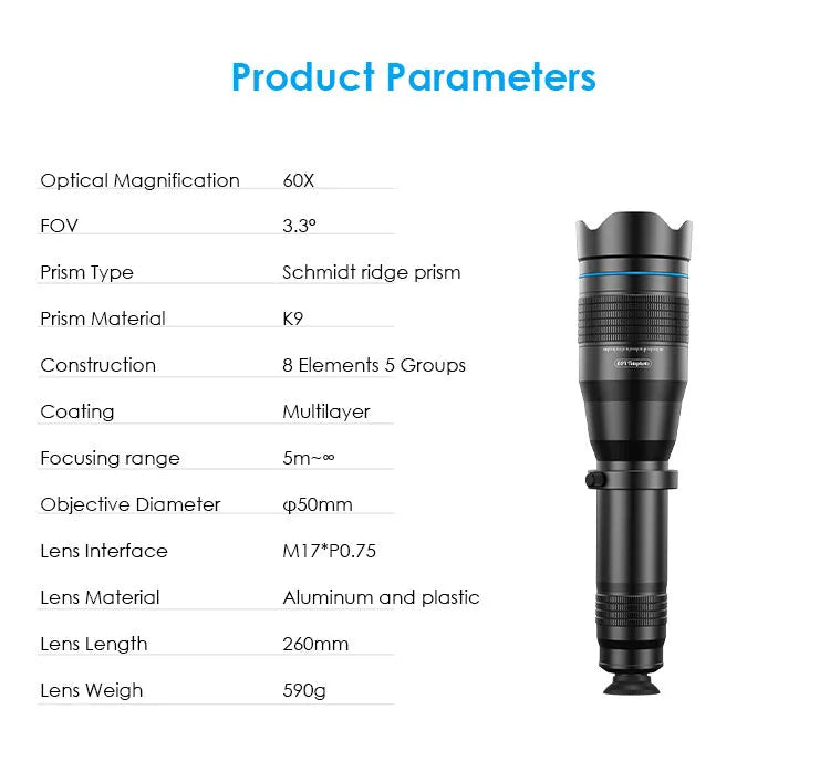 APEXEL black mobile telephoto lens with 36x magnification for smartphone photography