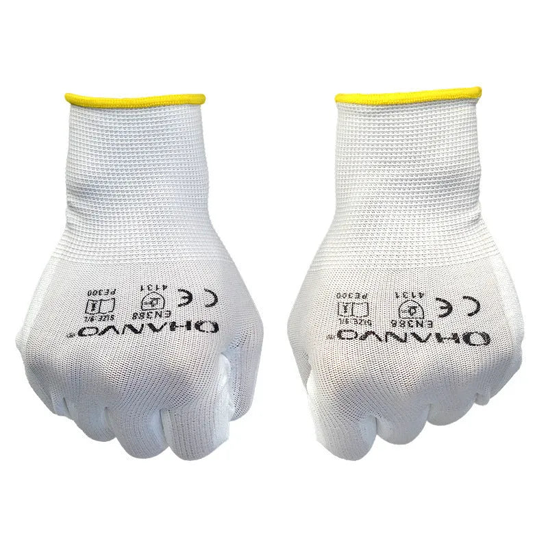 White PU coated work gloves with breathable cotton backing, shown in sizes L and M.