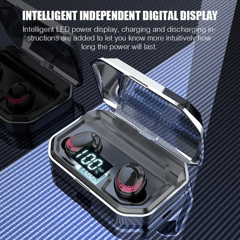 Black X10 true wireless Bluetooth earbuds inside their rectangular charging case.