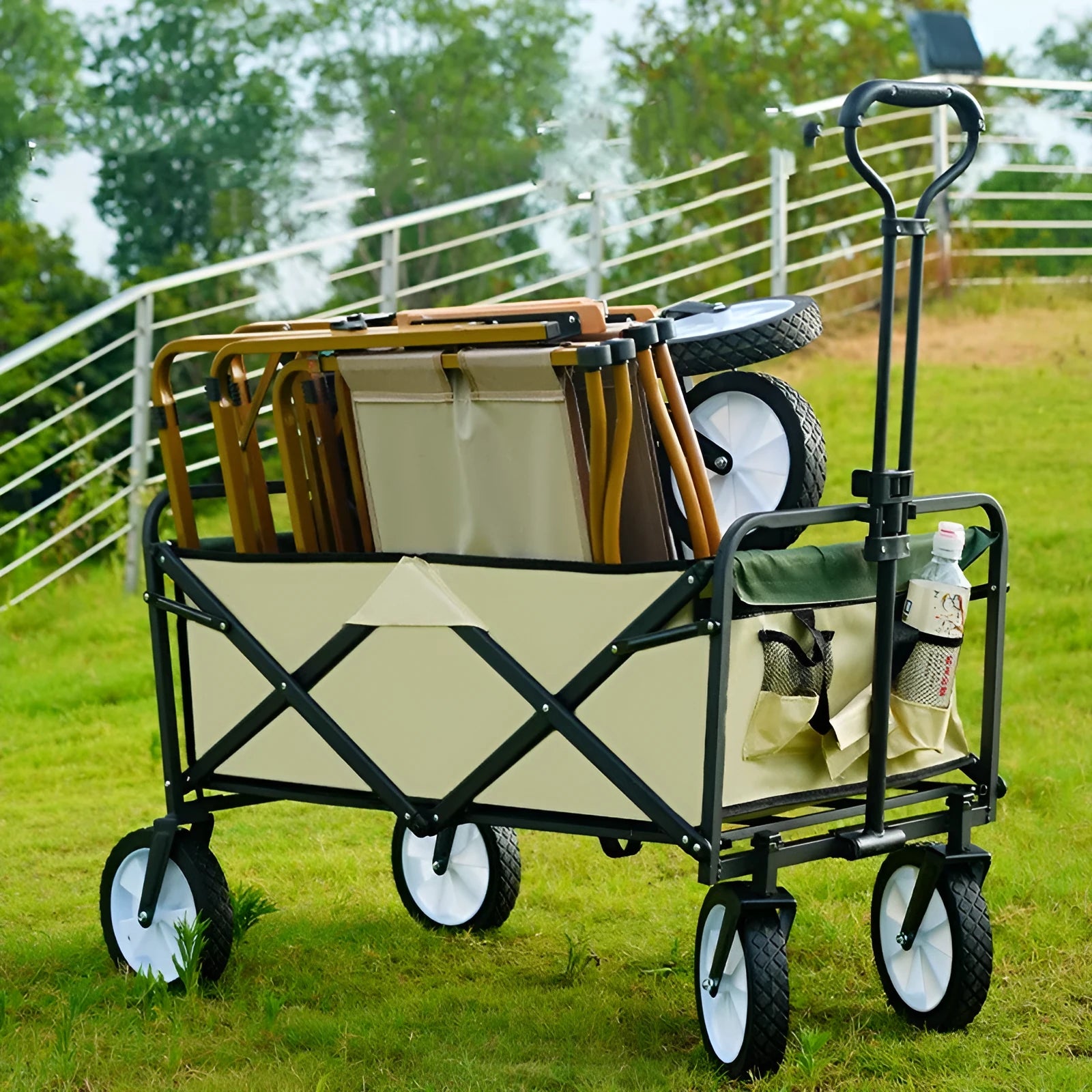 Portable folding camping trolley in khaki with metal frame and table plate