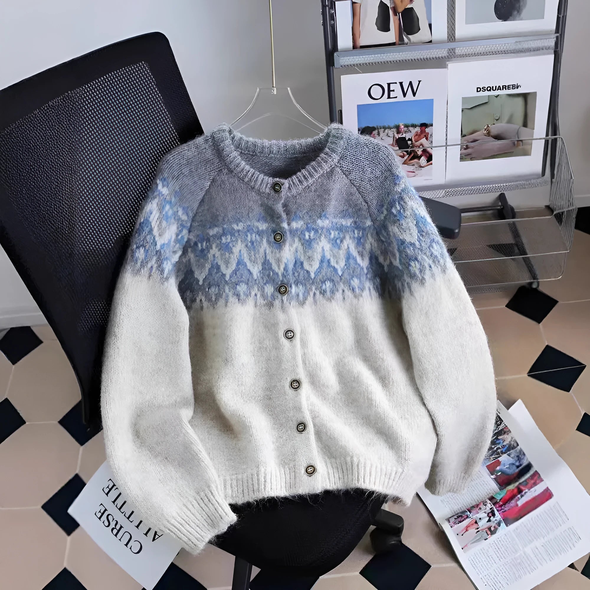 Women's loose fit contrast jacquard sweater coat in milky white, shown front view