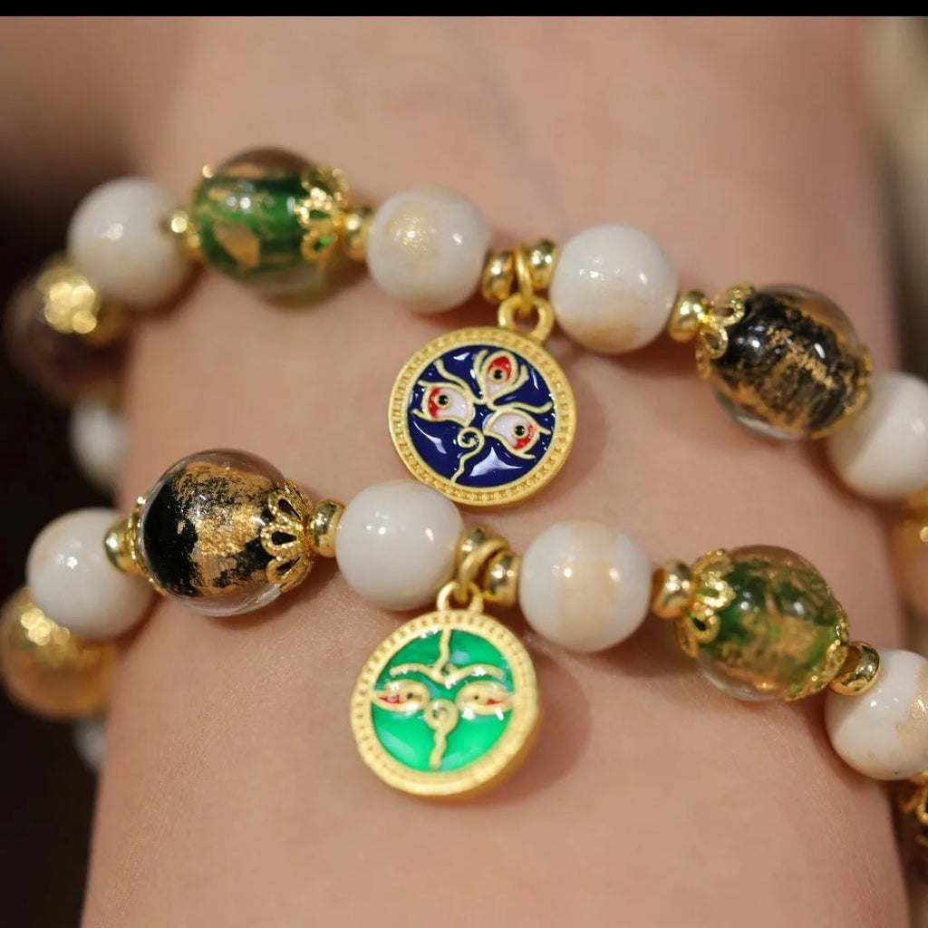 Handmade Five Gods of Wealth glazed porcelain bracelet with 10mm geometric beads