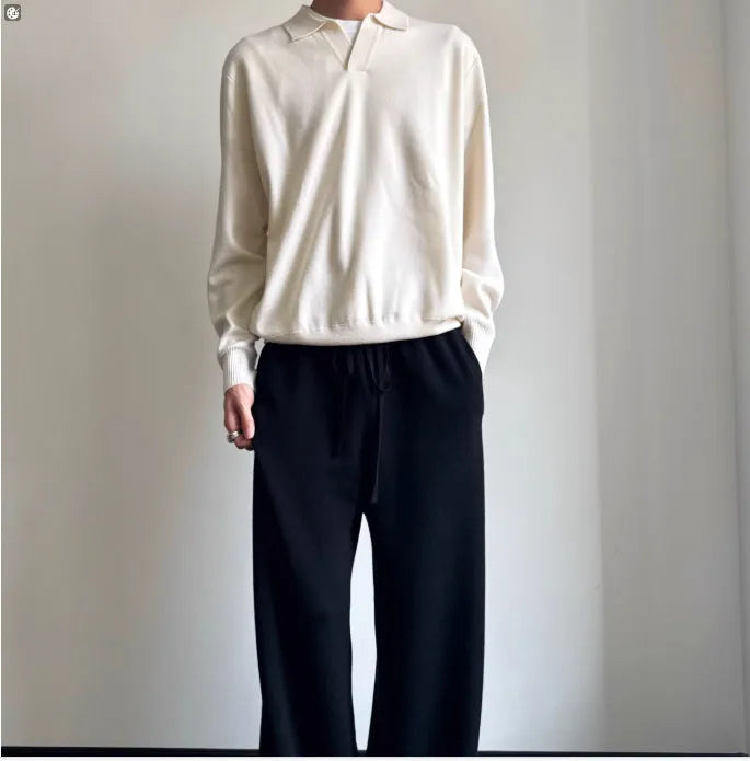 Milky White pure wool polo sweater with a lapel collar, shown in a loose fit.