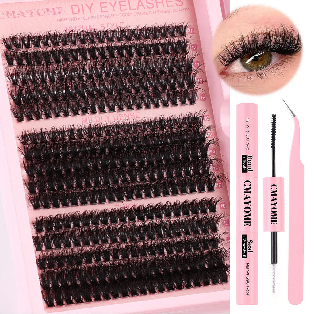 DIY false eyelashes extension suit showing segment single clusters and eyelash tweezers on packaging.