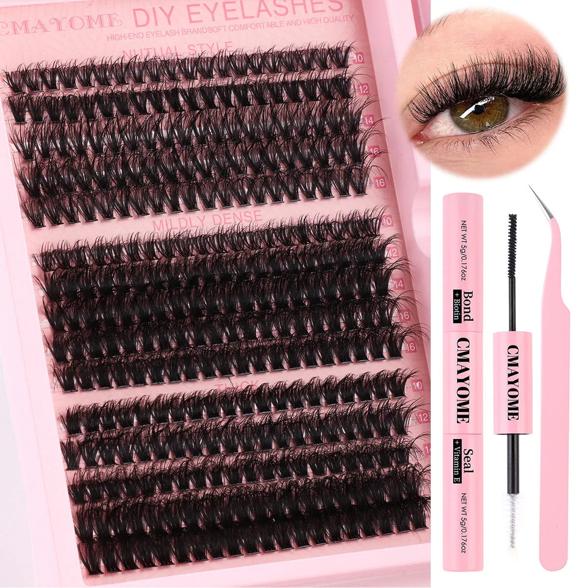 DIY false eyelashes extension suit showing segment single clusters and eyelash tweezers on packaging.