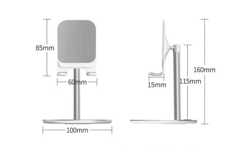 Aluminium mobile phone stand in black or white with silicone grips for phones and tablets