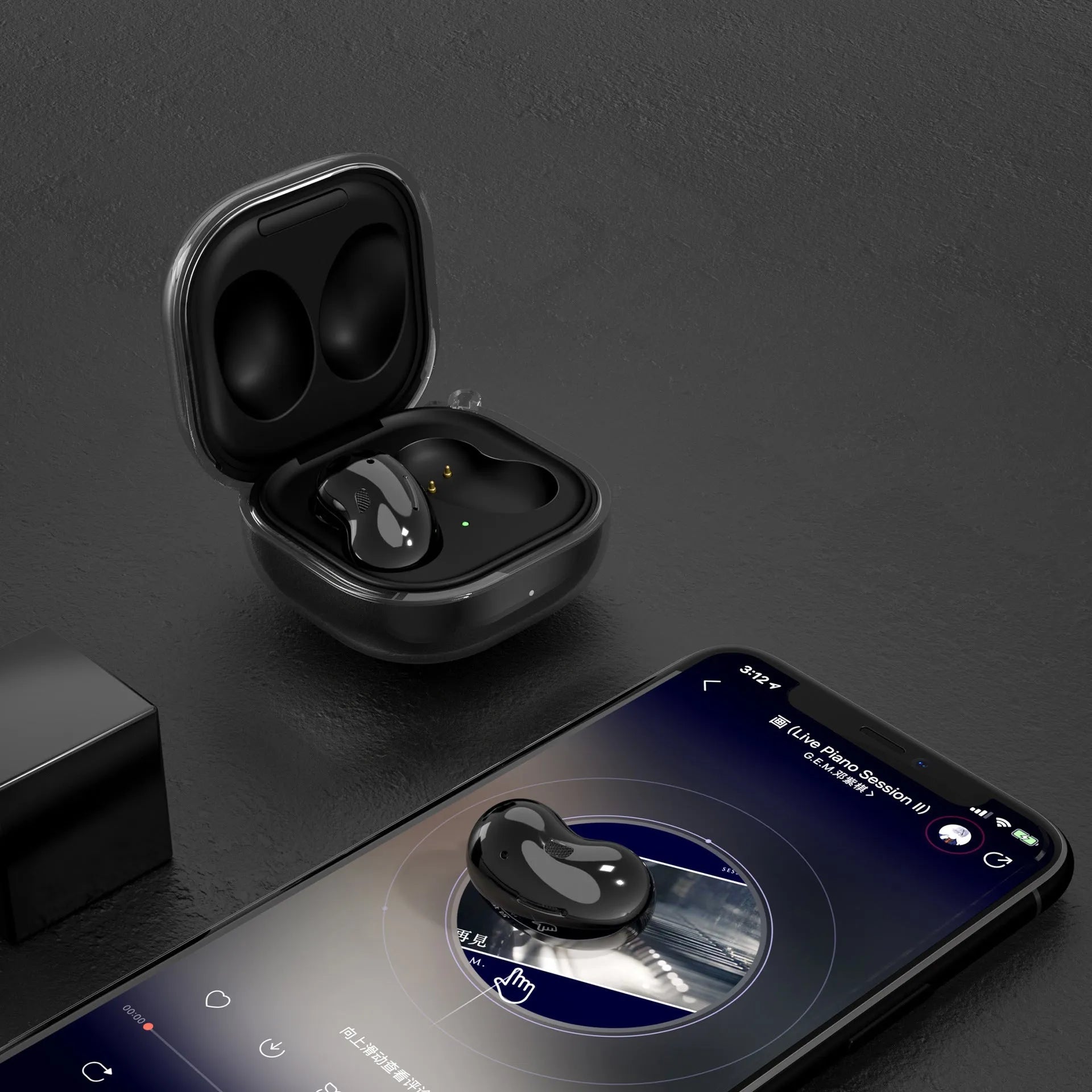 Bluetooth transparent ear case showing four colour variations: clear, gold, black, and purple