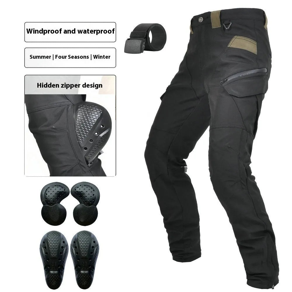 Man wearing green waterproof motorcycle trousers with belt and protective gear for cycling.