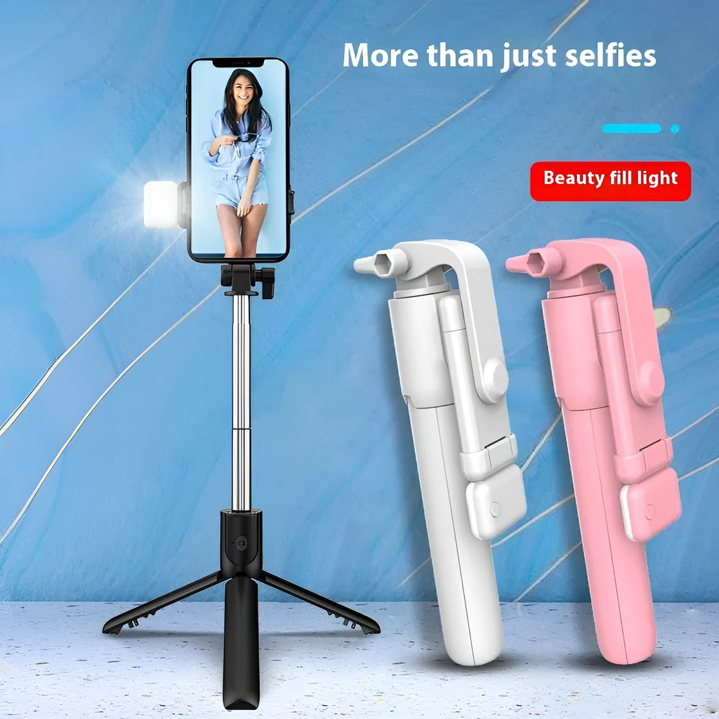 Black R1-L portable mobile phone holder and tripod selfie stick made from stainless steel and alloy.
