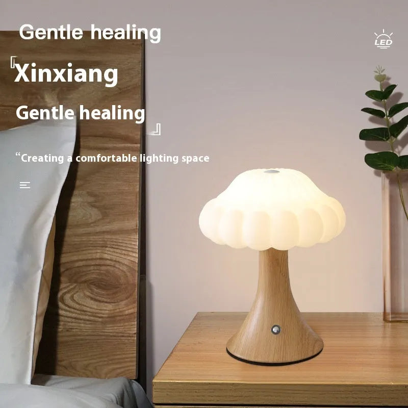 Wood grain mushroom-shaped night light with touch control and USB charging