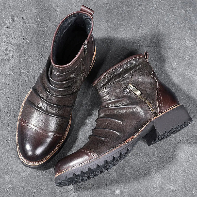 Men's black cowboy Martin boots with side zip, embossed leather look, and round toe.