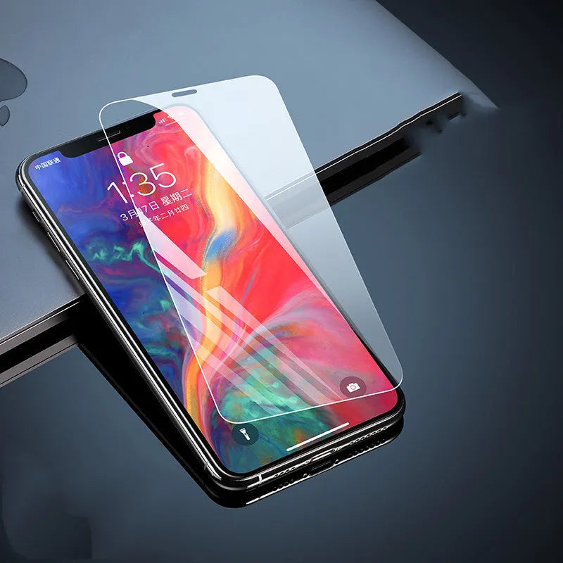 Tempered glass screen protector for iPhone 11, X, XS models with anti-fingerprint coating.