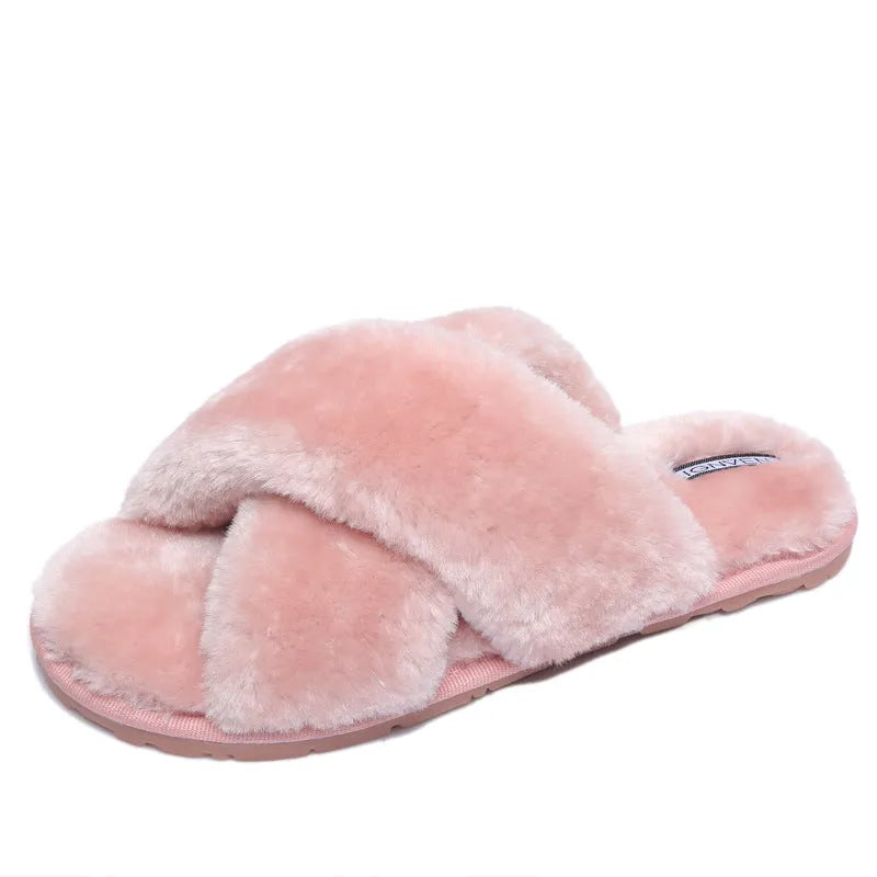 Cross open-toe fur slippers showing personalised toe design and patterned non-slip soles