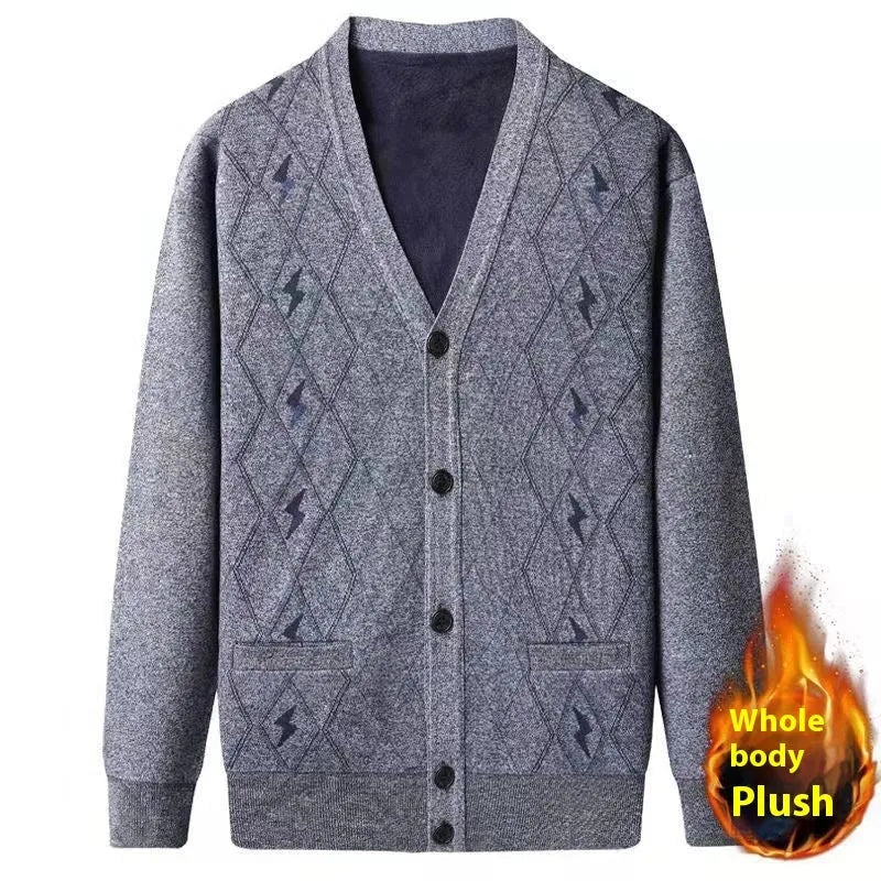 Men's dark grey fleece-lined cardigan with batwing sleeves on a hanger