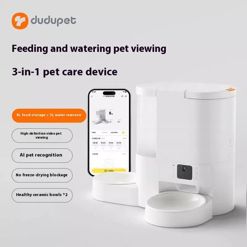 All-in-one AI pet feeder and water fountain with ceramic double bowl and visual food basin for adult cats