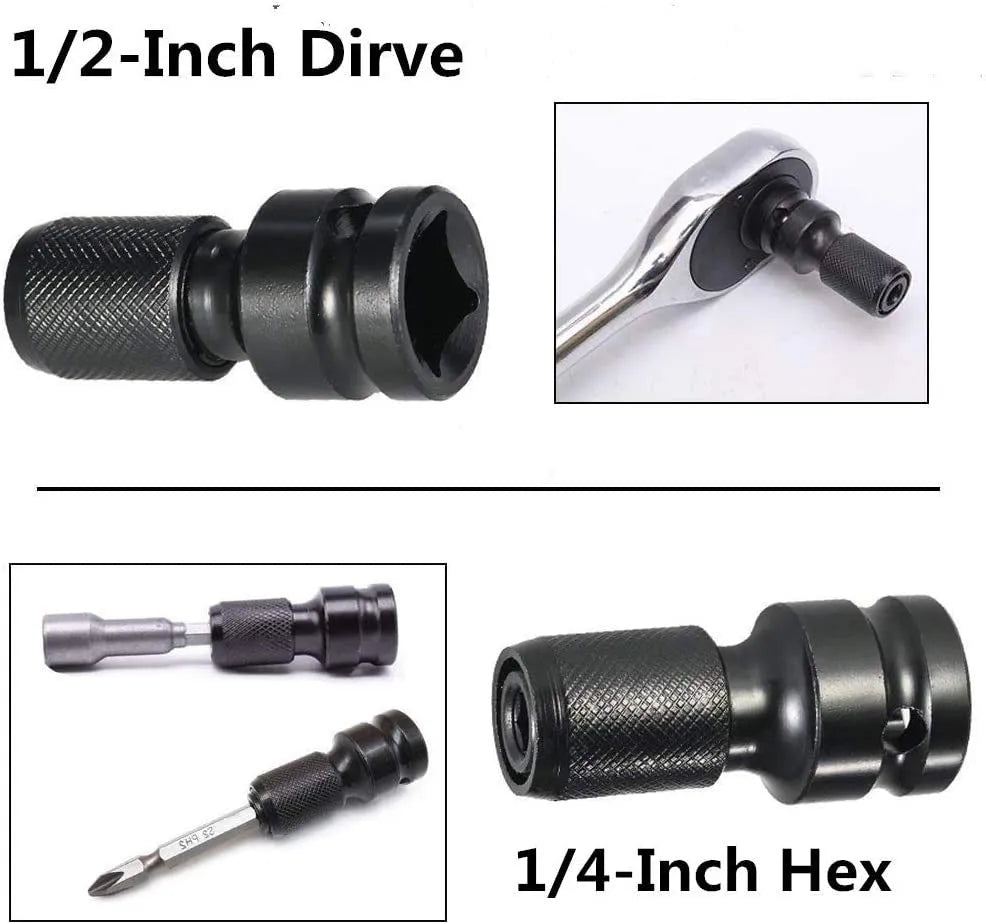 Telescopic steel bit holder with hexagonal handle for electric wrenches showing extended sleeve