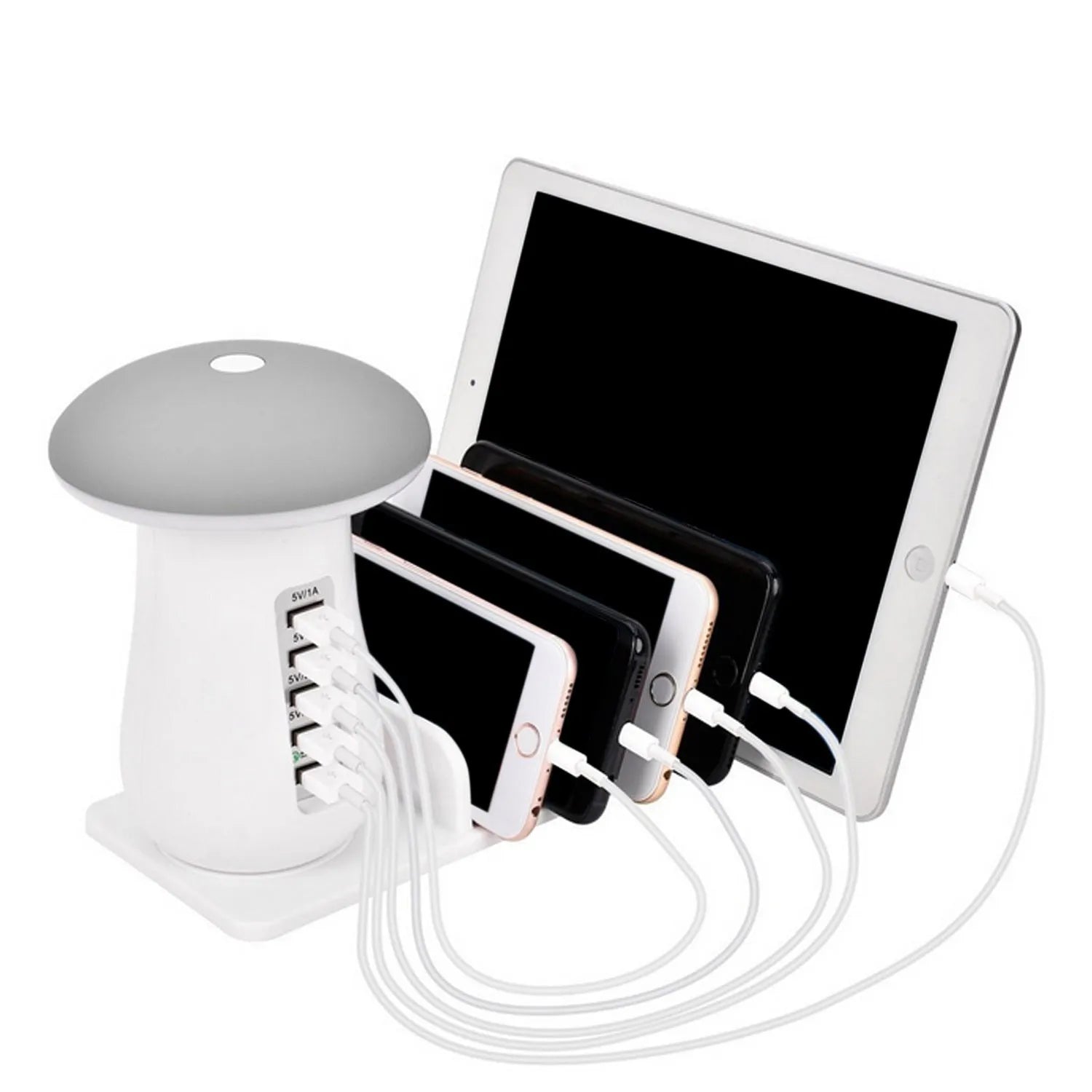 White USB charging station with five ports and mushroom-shaped LED desk lamp for multi-device charging