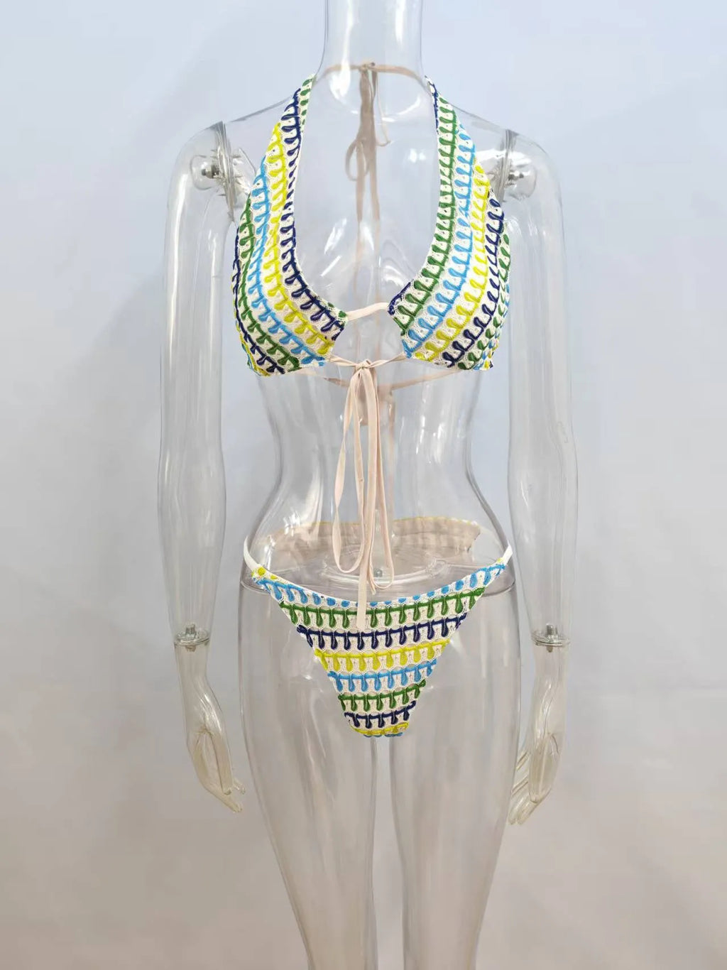 Lace halter bikini set with contrast colour details in picture colour, front view