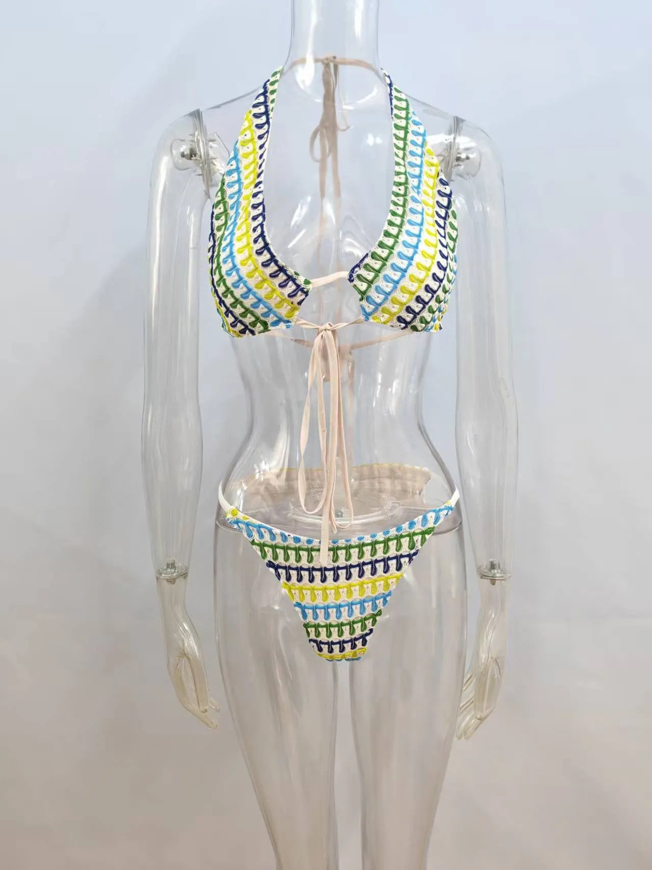 Lace halter bikini set with contrast colour details in picture colour, front view