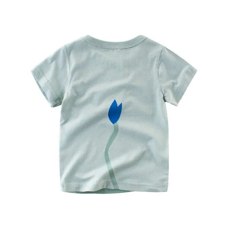 Kids cotton T-shirt with animal prints showing green lion, grey giraffe and khaki elephant designs in sizes 90-140cm