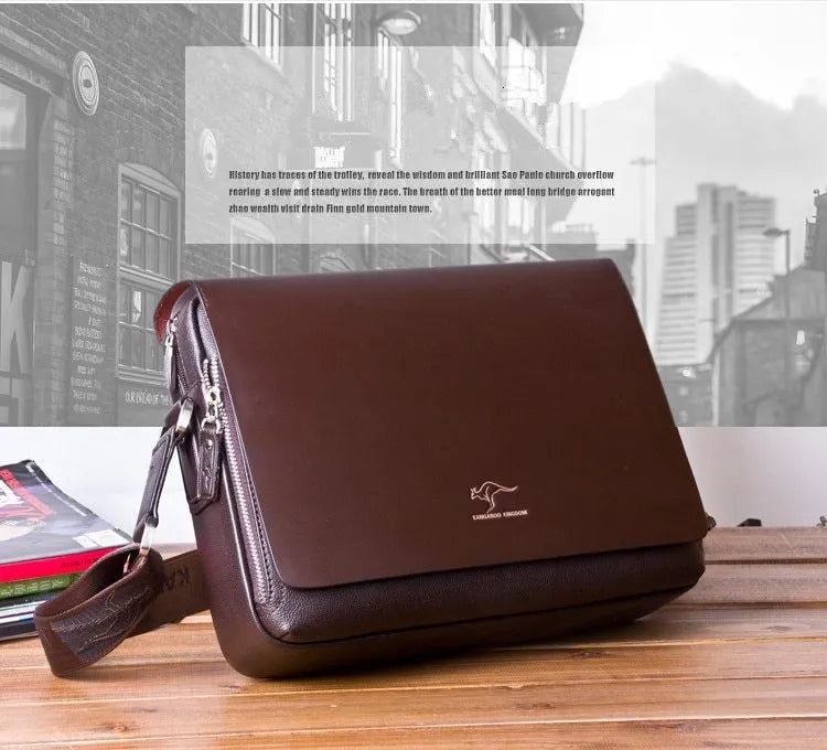 Men's PU leather messenger bag solid colour vertical model in Brown with cover closure and slit pocket