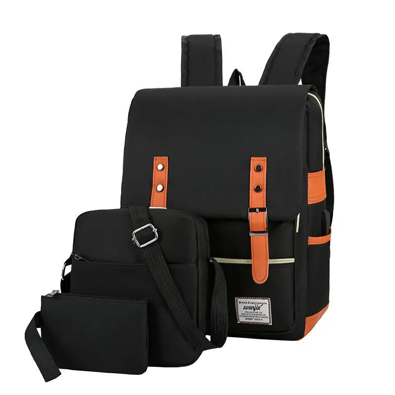 Three-piece waterproof Oxford cloth business backpack in black with curved shoulder strap