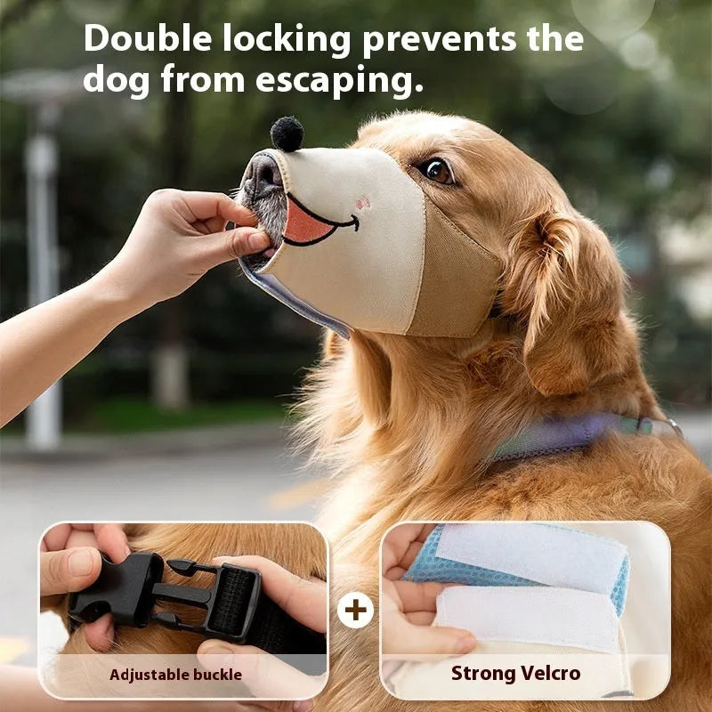 Canvas dog muzzle in Ollie Brown Bear and Bondi Blue Shark colours, shown in sizes S, M, L, and XL.