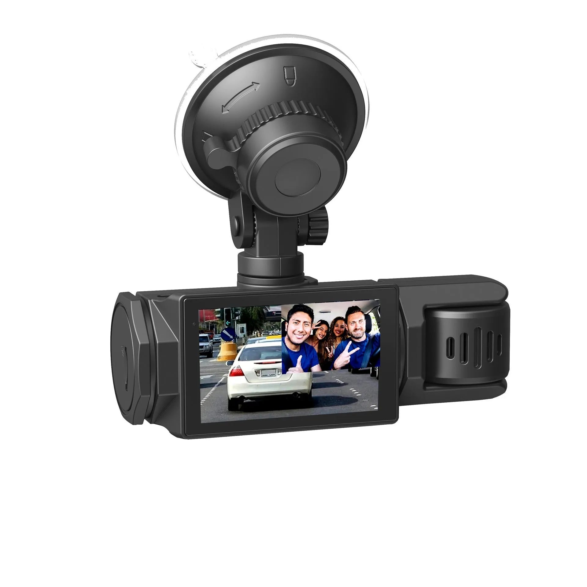 HD 1080P three lens WiFi car DVR dash cam with reversing image, front interior and rear cameras on 2 inch IPS screen