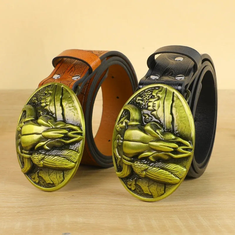 Men's cow head buckle belt with alloy fastening in black colour option