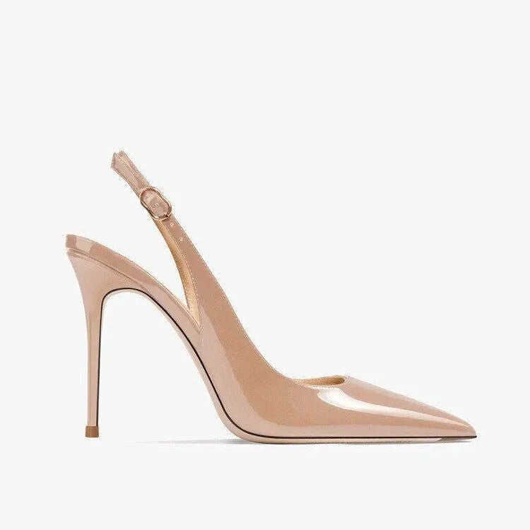 Women's nude high heels with hollow ankle strap and button fastening, 10cm heel