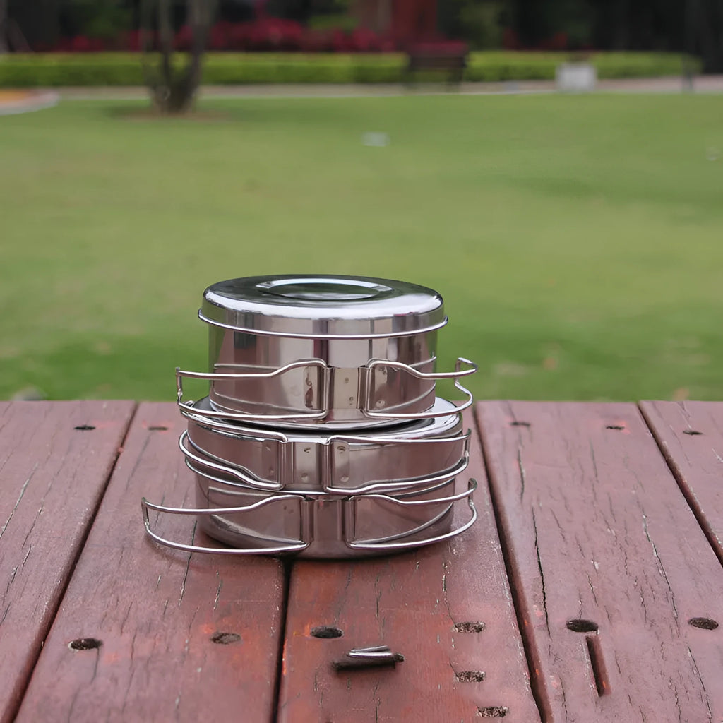 Silver stainless steel camping cookware set with split pots for 2-3 people outdoor cooking