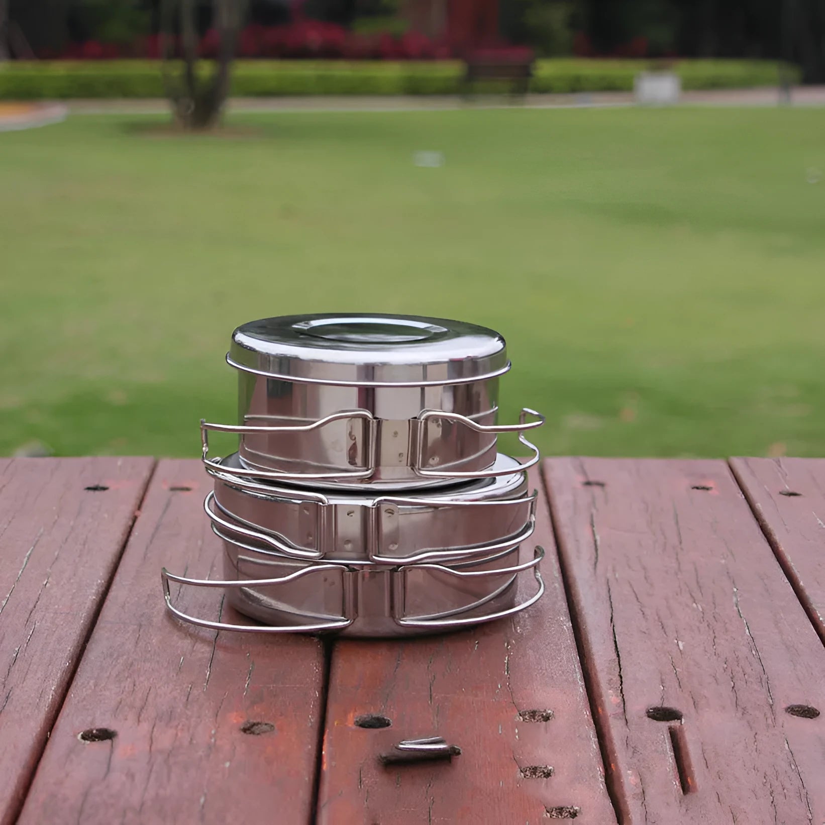 Silver stainless steel camping cookware set with split pots for 2-3 people outdoor cooking