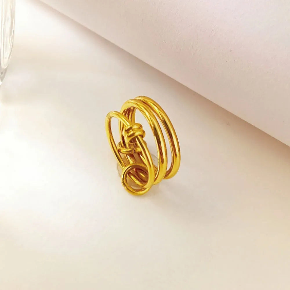 Titanium steel ring in Trinity ring gold B398 with geometric line design, womens fashion OL style