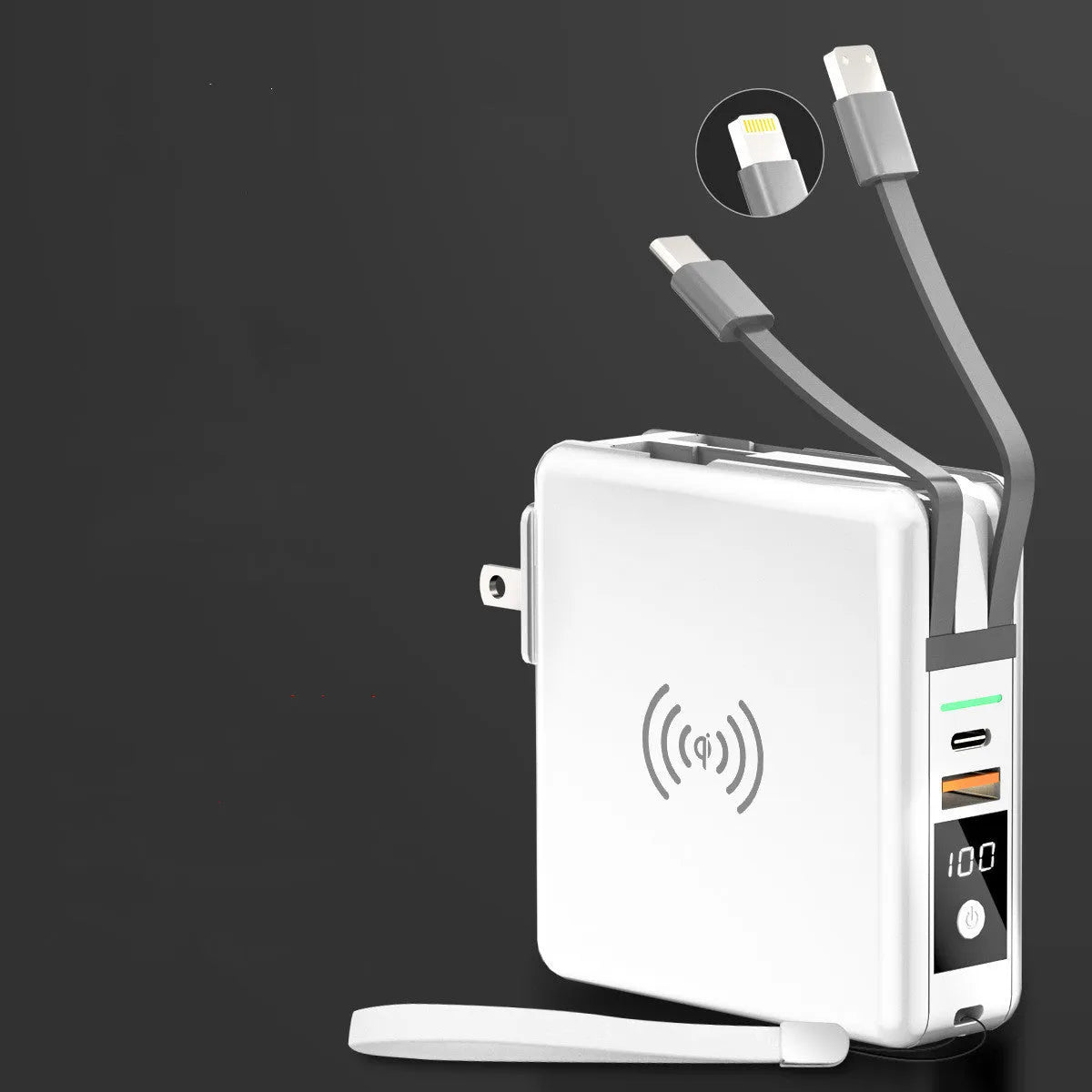 Black and white Super QI wireless PD20W fast charging power bank with integrated plug.