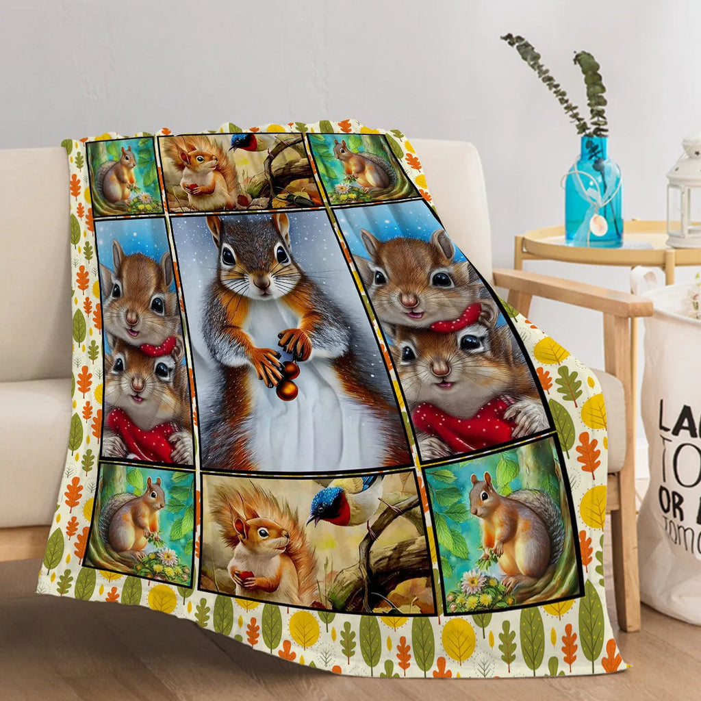 Soft flannel white bellied squirrel printed throw blanket on a sofa, yellow colour, hemmed edges