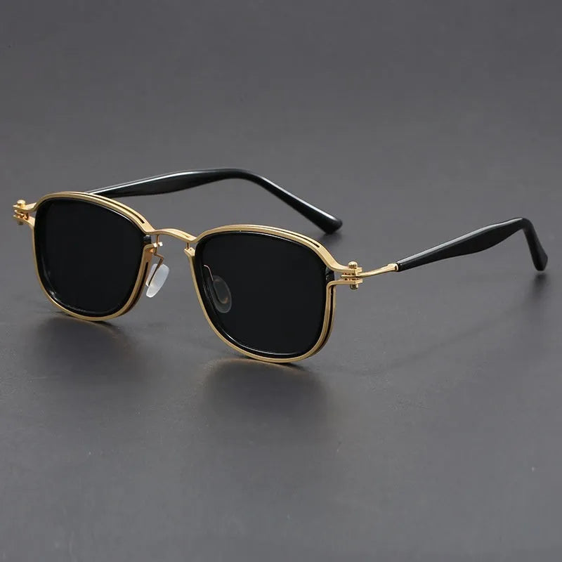 Retro square frame metal and plastic sunglasses with AC lenses in black gold colour