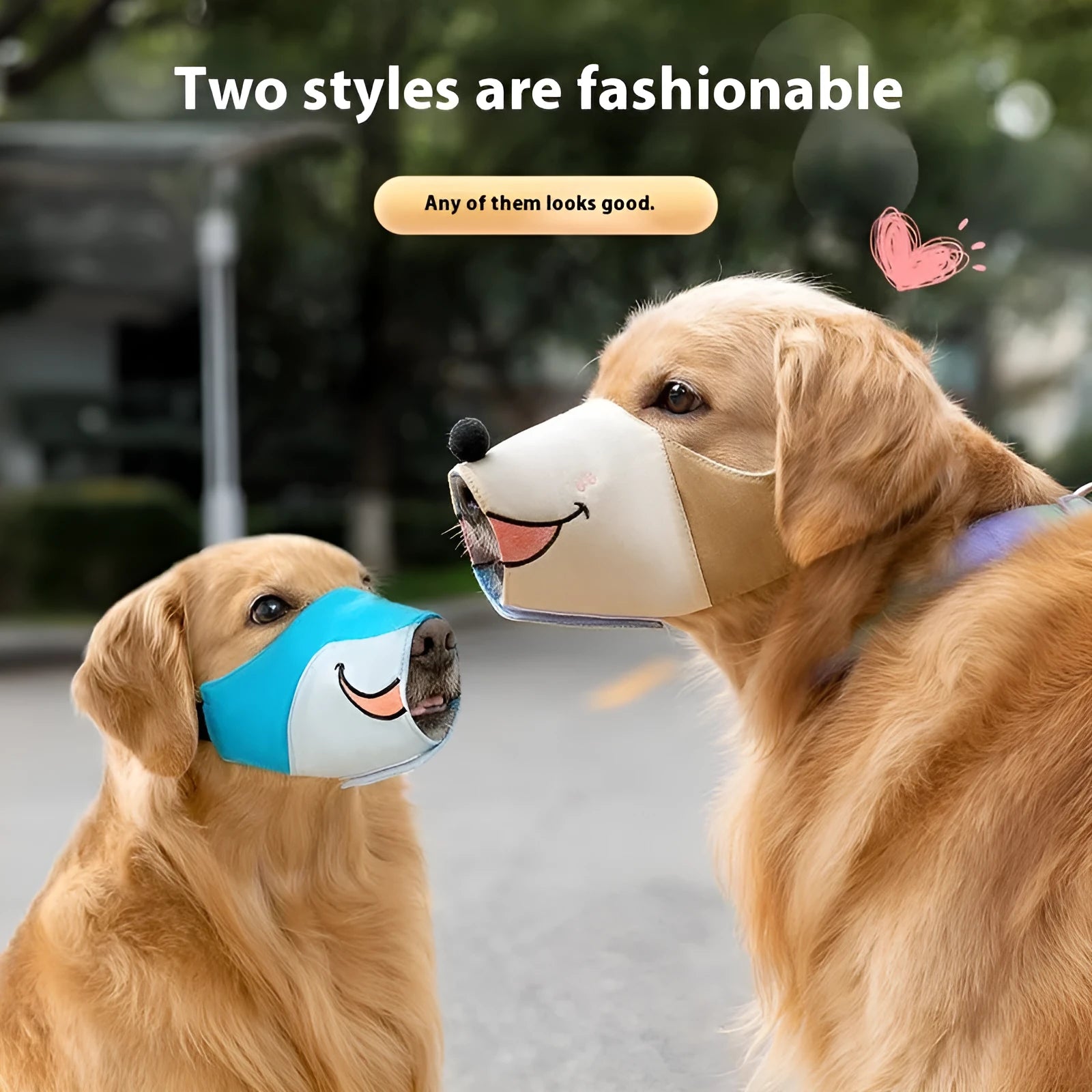 Canvas dog muzzle in Ollie Brown Bear and Bondi Blue Shark colours, shown in sizes S, M, L, and XL.