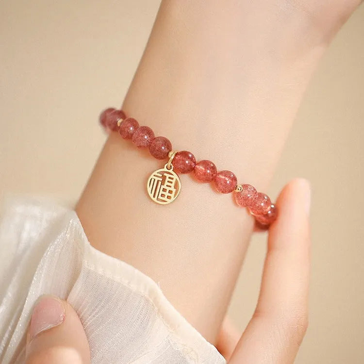 Strawberry quartz blessing card bracelet for women with glass beads and manual crafting