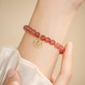 Strawberry quartz blessing card bracelet for women with glass beads and manual crafting